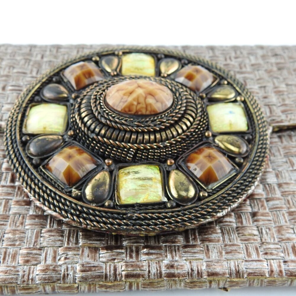 Vintage Mochi Bronze Wozen Embellished Straw Clutch Purse Bag Medallion Boho - Picture 9 of 10